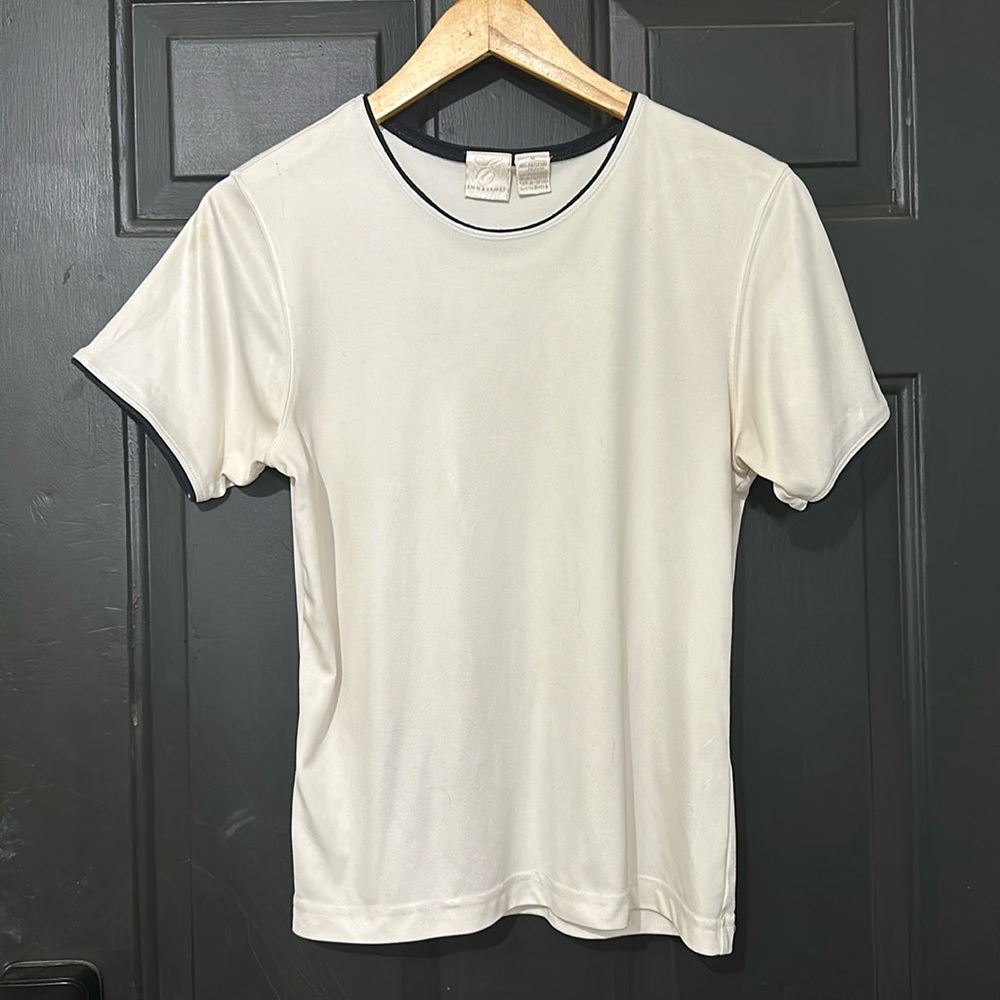 Emma James Sz M short sleeve top in ivory/cream with navy edging collar & sleeve